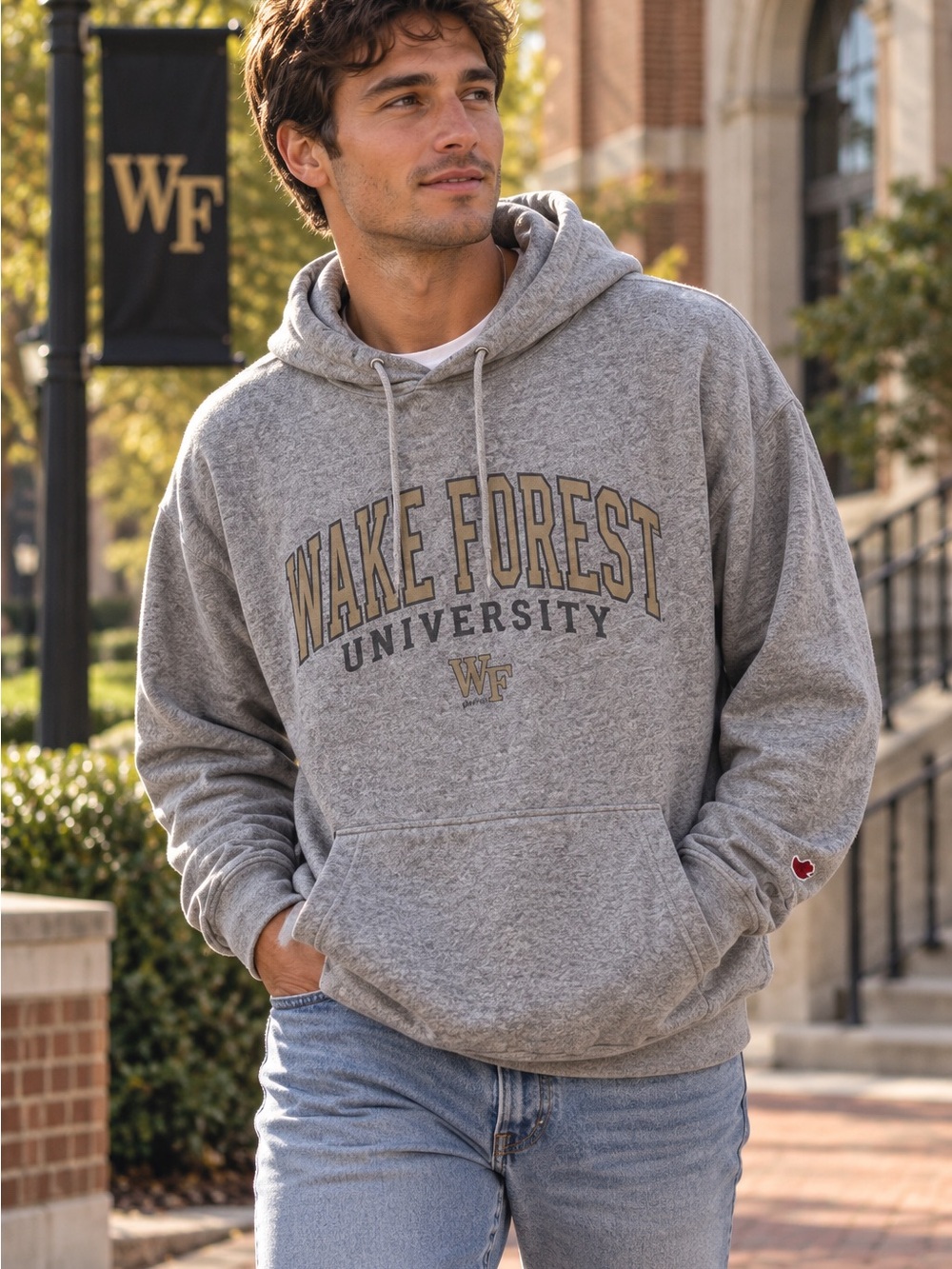 Wake Forest University Pocket Hoodie League Men’s L Heather Gray Collegiate